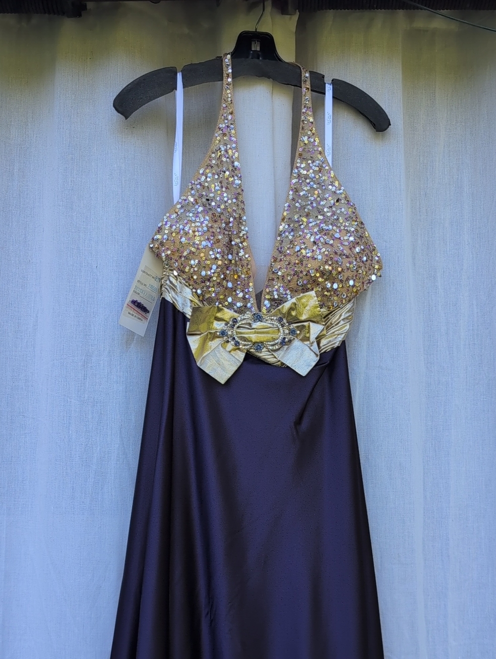 Tony Bowls 9103 - Size 16 Gold Sequin Bodice with Deep purple Skirt Halter Gown
